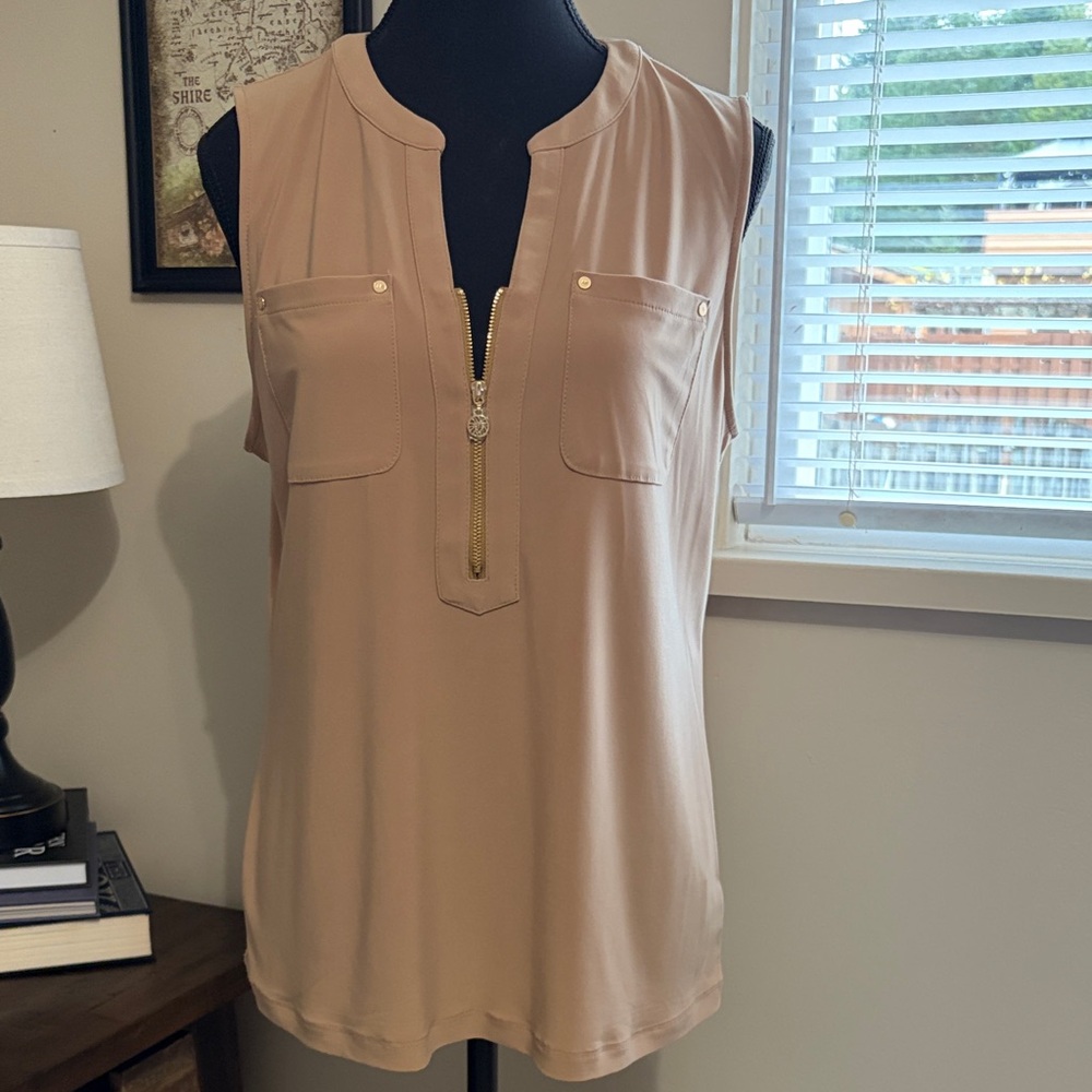 Anne Klein Sleeveless Beige Blouse with Gold Accent